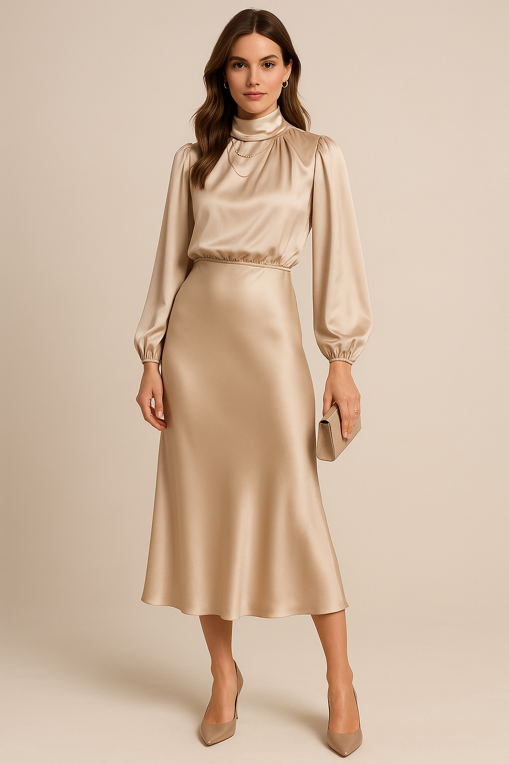 Women's High Neck Long Sleeve Midi Dress High Waist Flared Satin Formal Elegant Work Office Evening Wedding Guest Cocktail Party – Seraphine - Lolly 