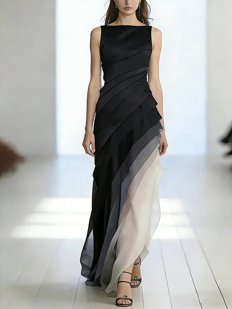 Women's High Waist Patchwork Tulle Sleeveless Maxi Dress Formal Prom Gala Wedding Guest Evening Elegant – Lumière - Lolly 