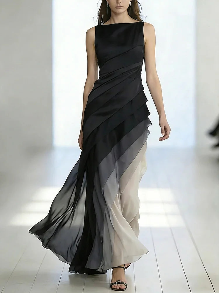 Women's High Waist Patchwork Tulle Sleeveless Maxi Dress Formal Prom Gala Wedding Guest Evening Elegant – Lumière - Lolly 