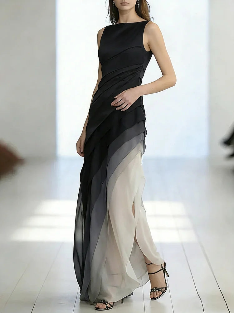 Women's High Waist Patchwork Tulle Sleeveless Maxi Dress Formal Prom Gala Wedding Guest Evening Elegant – Lumière - Lolly 