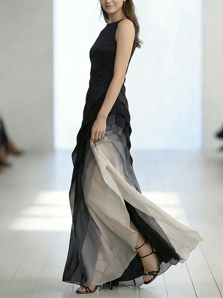 Women's High Waist Patchwork Tulle Sleeveless Maxi Dress Formal Prom Gala Wedding Guest Evening Elegant – Lumière - Lolly 