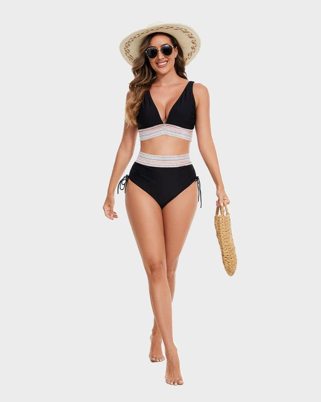 Women's High-Waist Tummy Control Halter Bikini Set Woven Band Tie Side Beach Pool Vacation Resort Summer – Burgundy Green Black - Lolly 