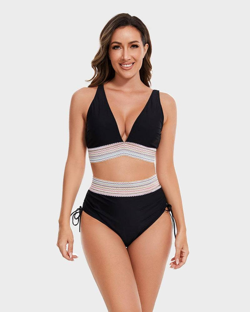 Women's High-Waist Tummy Control Halter Bikini Set Woven Band Tie Side Beach Pool Vacation Resort Summer – Burgundy Green Black - Lolly 