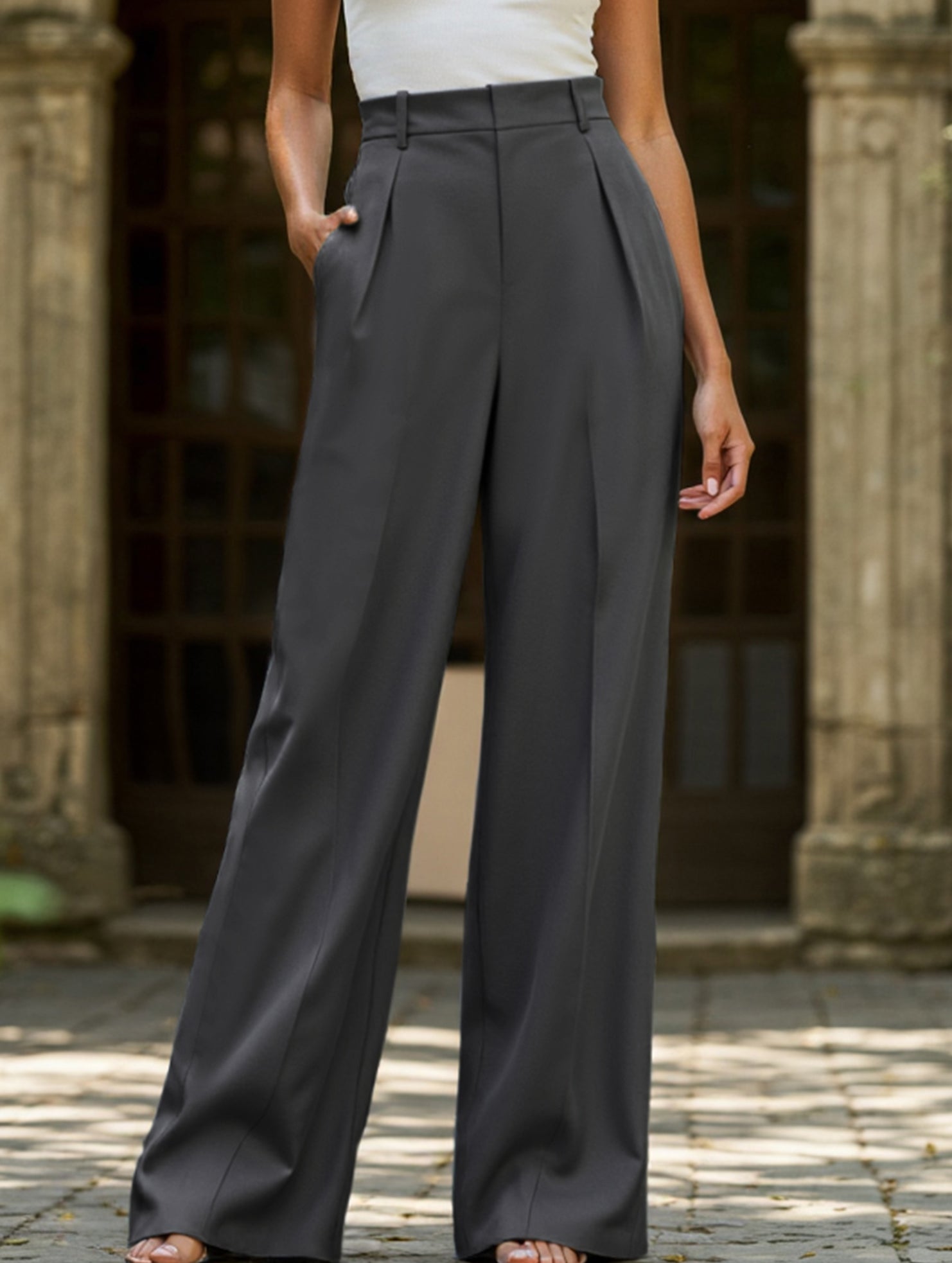 Women's High Waist Wide Leg Drape Pants Loose Flowing Polyester Casual Formal Everyday Trousers – Multicolor - Lolly 