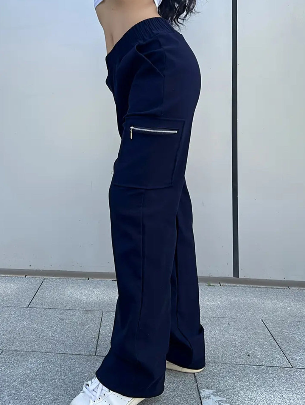 Women's High-Waisted Loose Straight-Leg Pants Casual Work Office Formal Everyday Floor-Length Trousers – Navy - Lolly 