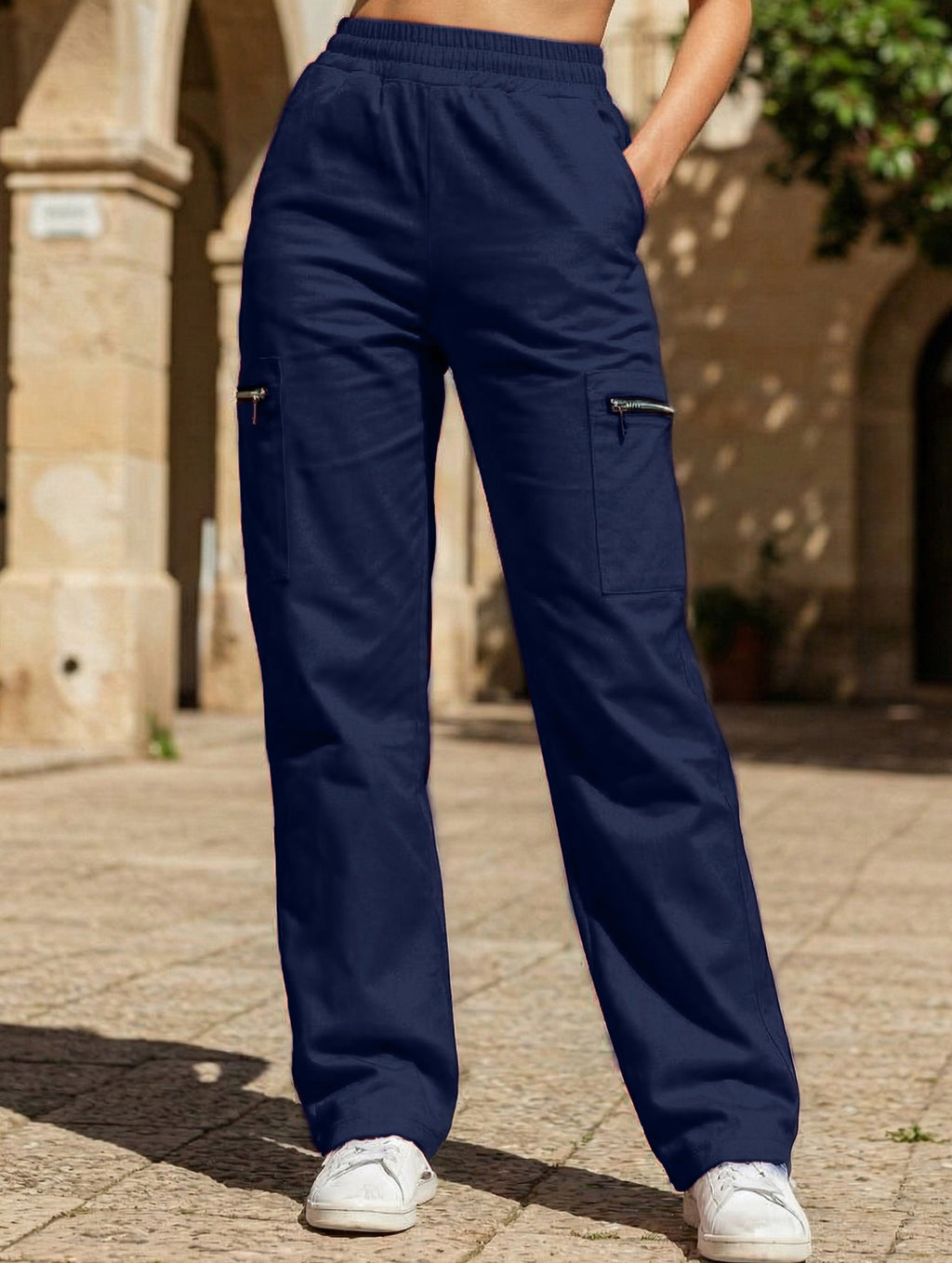Women's High-Waisted Loose Straight-Leg Pants Casual Work Office Formal Everyday Floor-Length Trousers – Navy - Lolly 