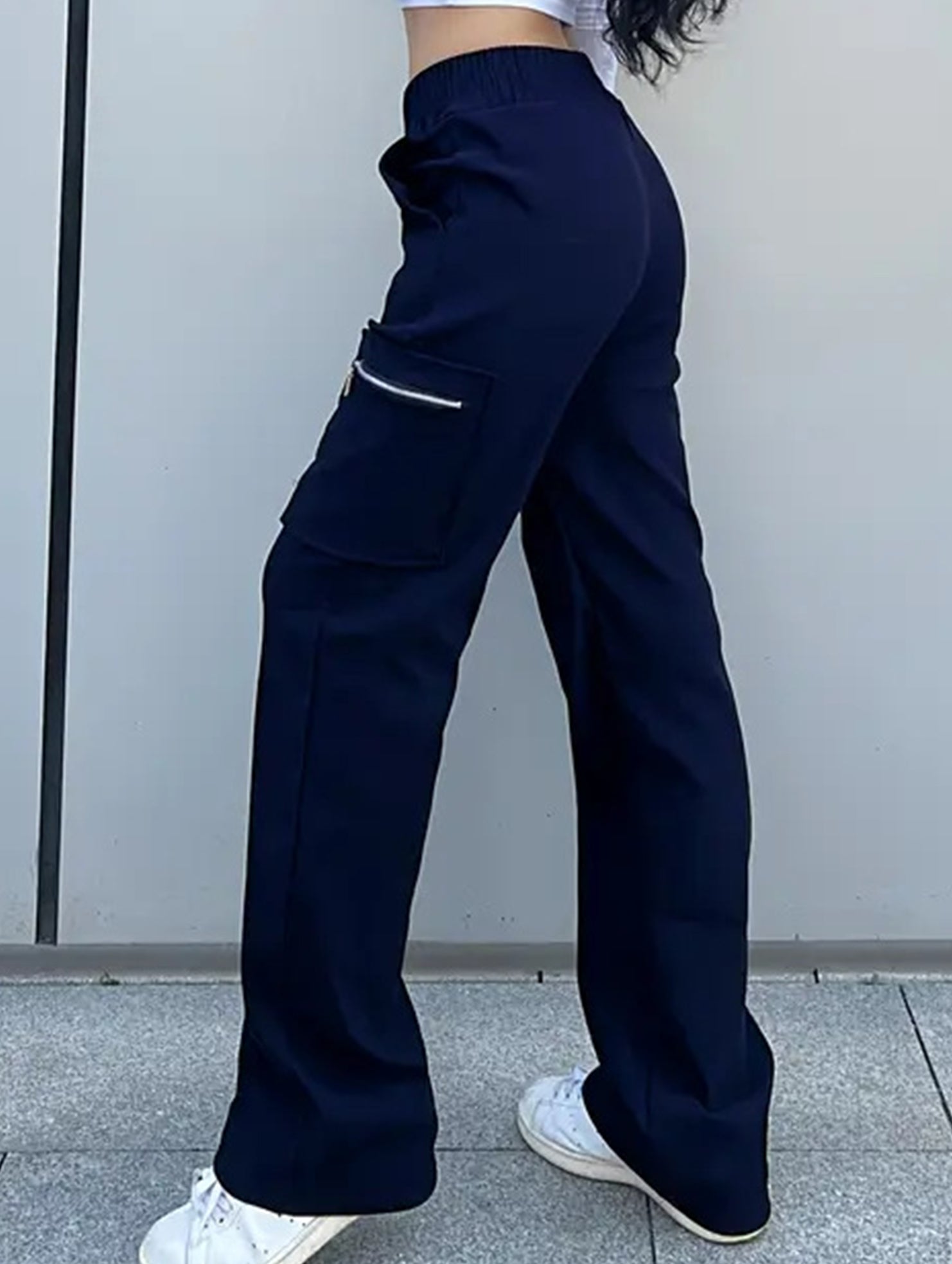 Women's High-Waisted Loose Straight-Leg Pants Casual Work Office Formal Everyday Floor-Length Trousers – Navy - Lolly 
