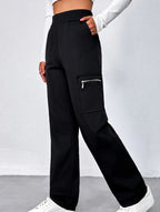 Women's High-Waisted Loose Straight-Leg Pants Casual Work Office Formal Everyday Floor-Length Trousers – Navy - Lolly 