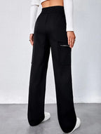 Women's High-Waisted Loose Straight-Leg Pants Casual Work Office Formal Everyday Floor-Length Trousers – Navy - Lolly 