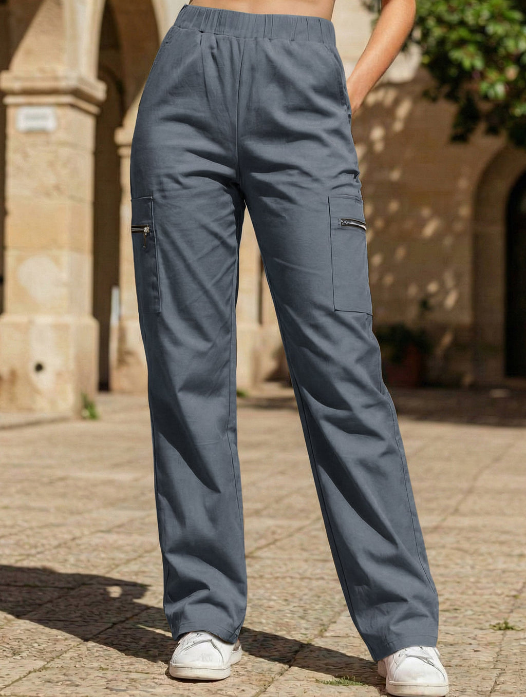 Women's High-Waisted Loose Straight-Leg Pants Casual Work Office Formal Everyday Floor-Length Trousers – Navy - Lolly 