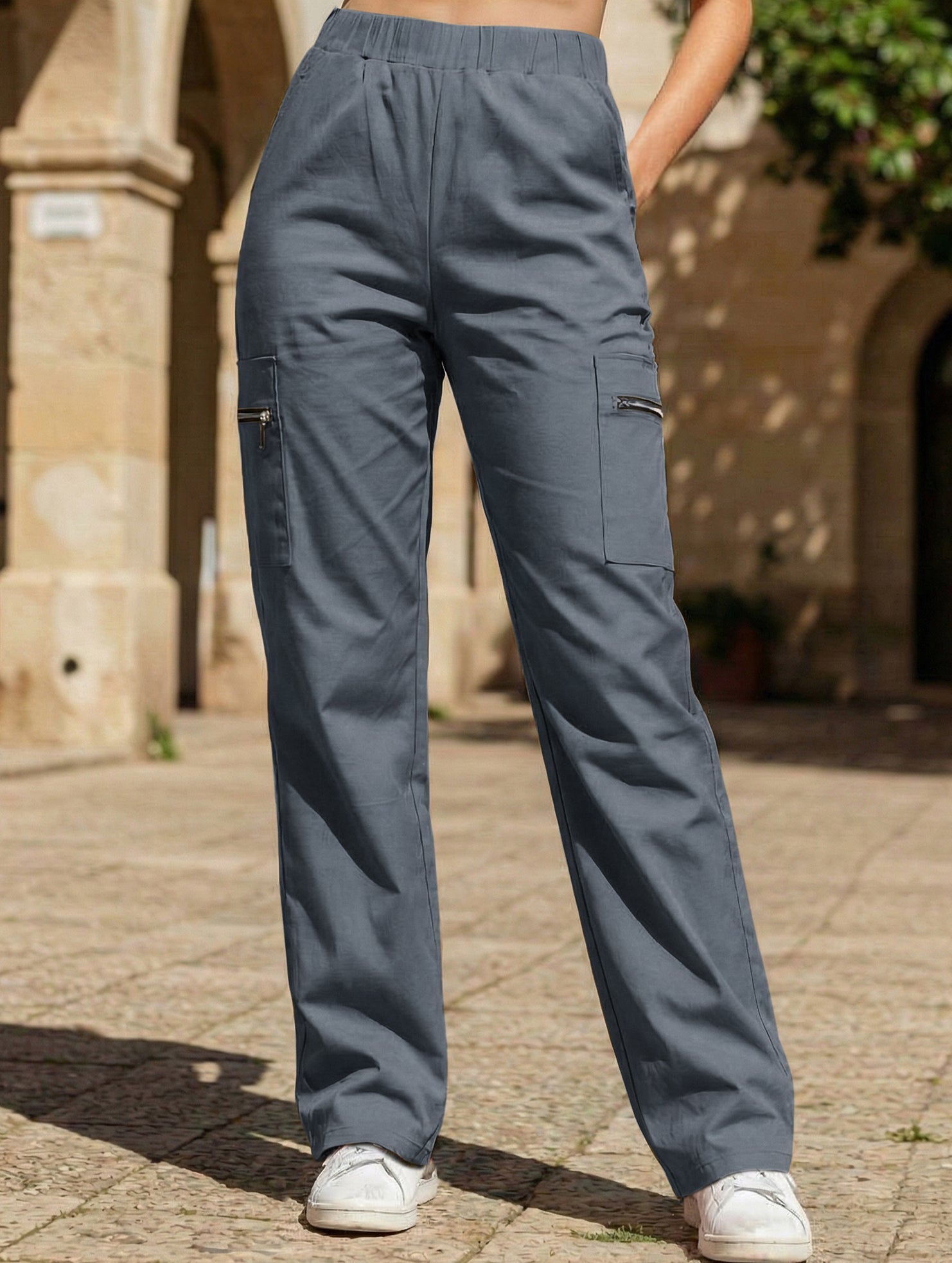 Women's High-Waisted Loose Straight-Leg Pants Casual Work Office Formal Everyday Floor-Length Trousers – Navy - Lolly 