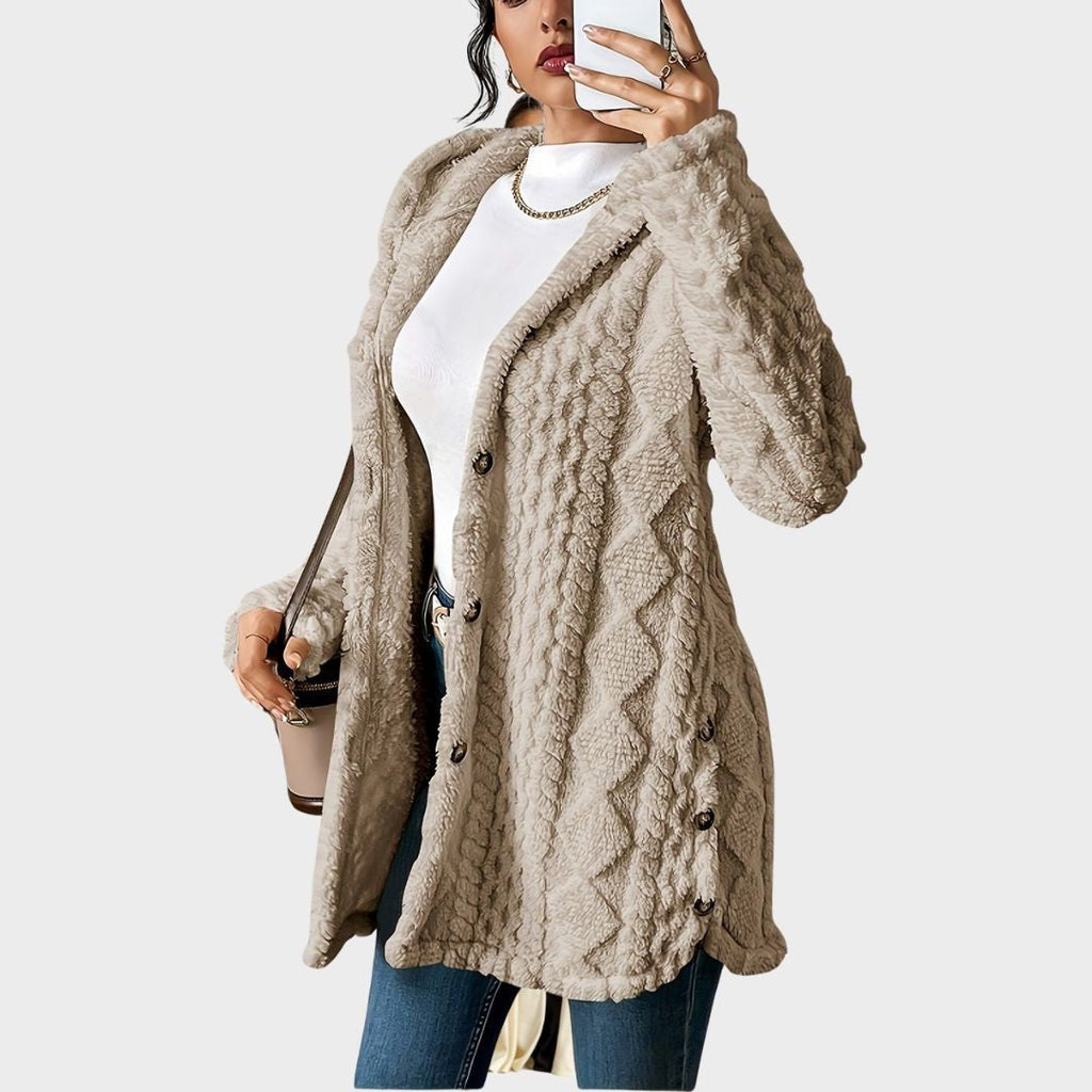 Women's Hooded Long Cardigan Plush Fleece Oversized Button-Front Winter Cozy Coat - Lolly 