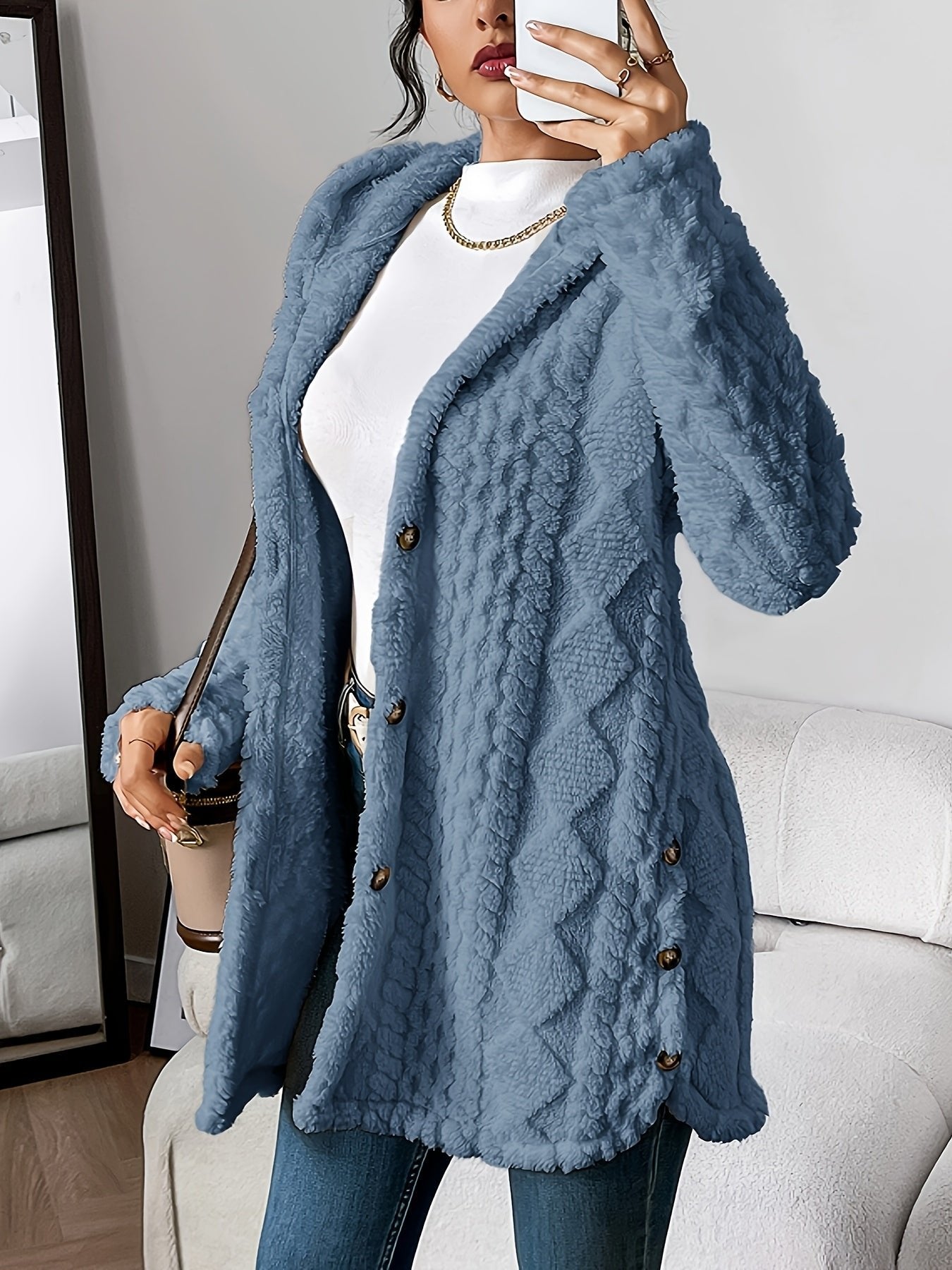 Women's Hooded Long Cardigan Plush Fleece Oversized Button-Front Winter Cozy Coat - Lolly 