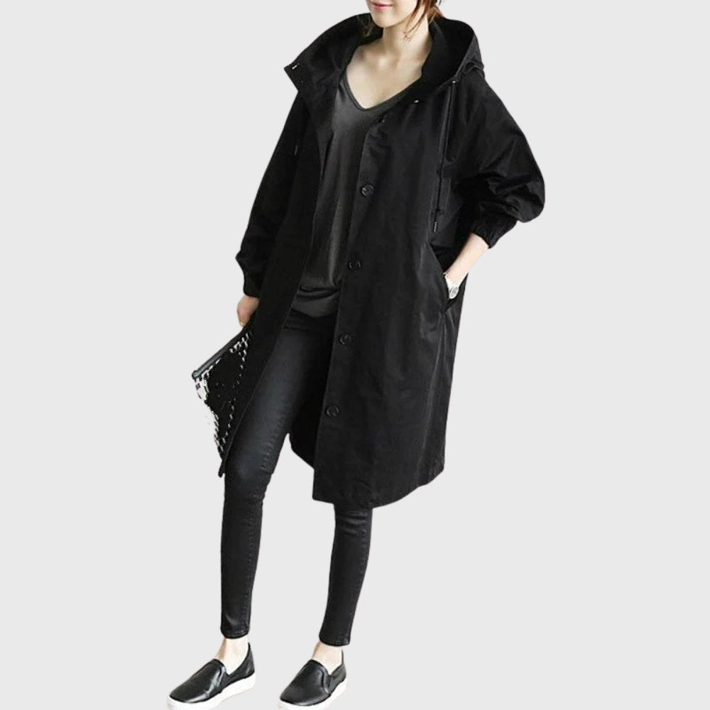 Women's Hooded Waterproof Trench Coat Relaxed Fit Long Raincoat Fall Outerwear - Lolly 