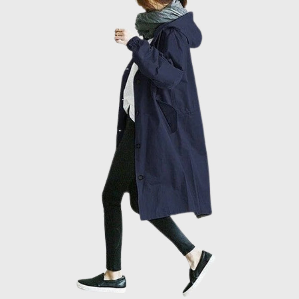Women's Hooded Waterproof Trench Coat Relaxed Fit Long Raincoat Fall Outerwear - Lolly 