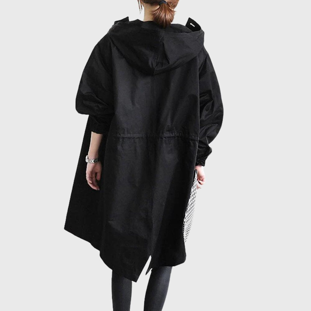 Women's Hooded Waterproof Trench Coat Relaxed Fit Long Raincoat Fall Outerwear - Lolly 
