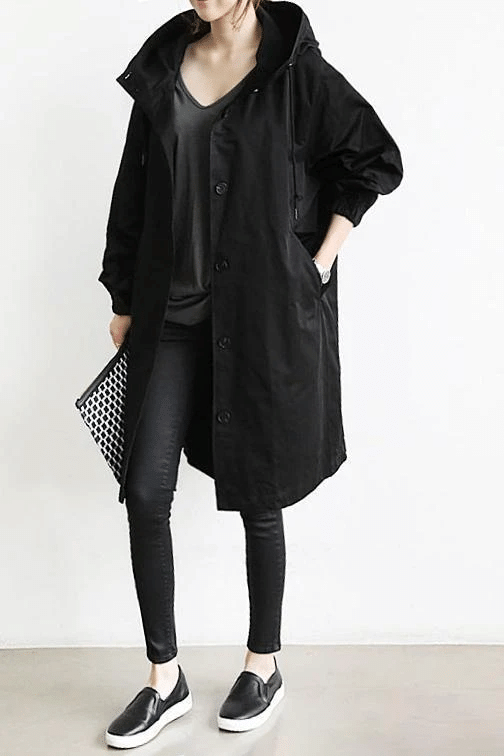 Women's Hooded Windbreaker Jacket Button-Front Waterproof Rain Coat Casual Outdoor - Lolly 