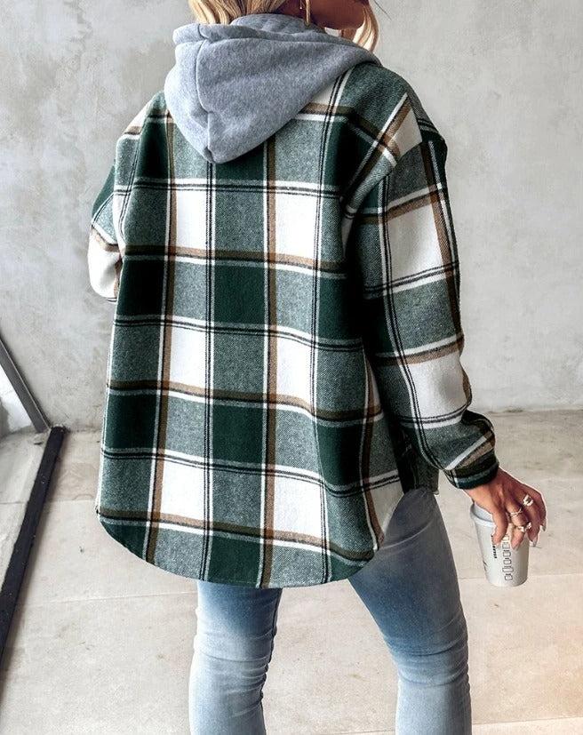 Women's Jacket Plaid Button-Front with Attached Hood - Lolly 