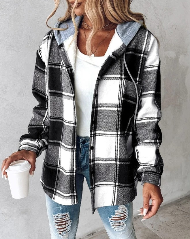 Women's Jacket Plaid Button-Front with Attached Hood - Lolly 