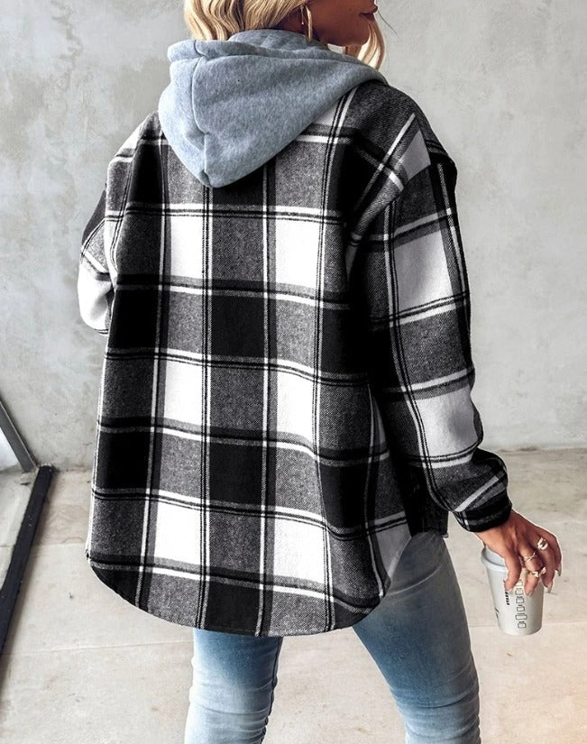 Women's Jacket Plaid Button-Front with Attached Hood - Lolly 