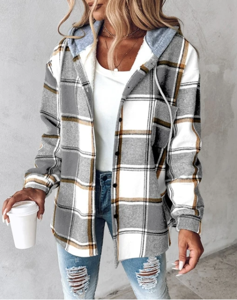 Women's Jacket Plaid Button-Front with Attached Hood - Lolly 