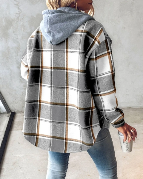 Women's Jacket Plaid Button-Front with Attached Hood - Lolly 