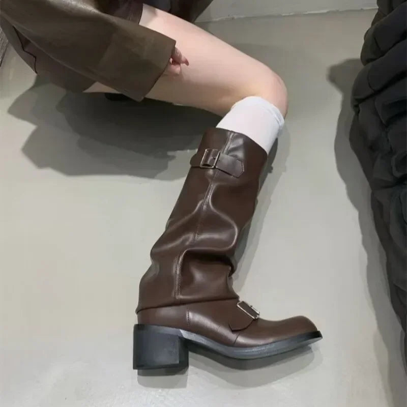 Women's Knee-High Boots Buckle Detail Block Heel Moto Biker Fall Winter - Lolly 