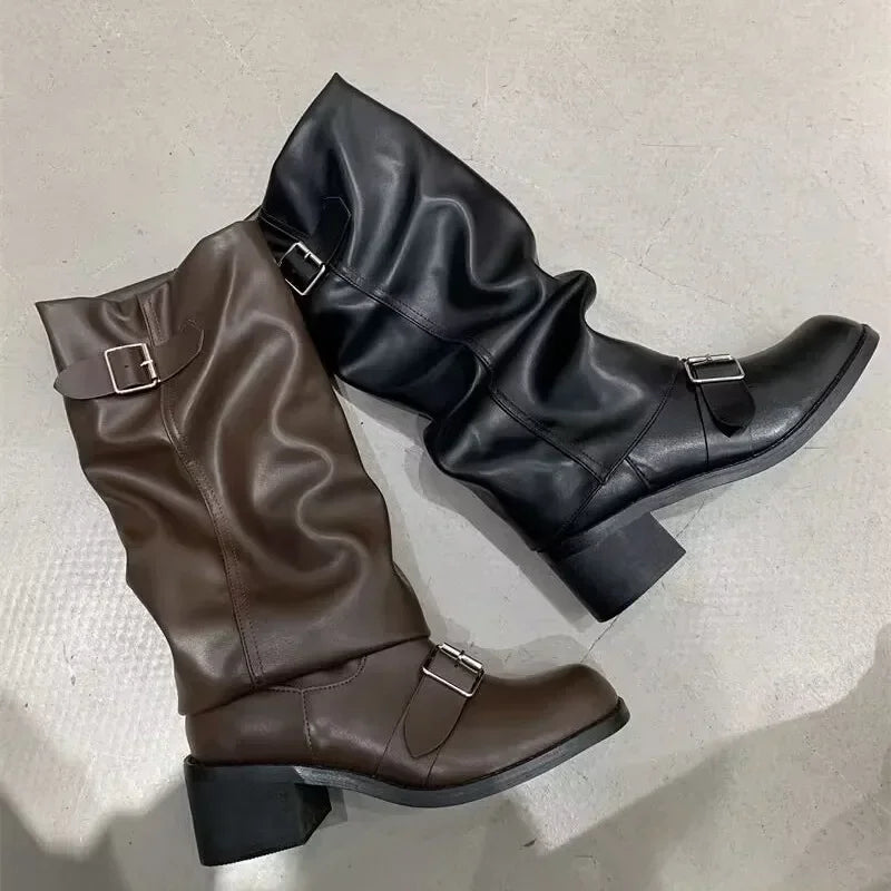 Women's Knee-High Boots Buckle Detail Block Heel Moto Biker Fall Winter - Lolly 