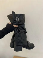 Women's Knee-High Boots Buckle Detail Block Heel Moto Biker Fall Winter - Lolly 