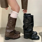 Women's Knee-High Boots Buckle Detail Block Heel Moto Biker Fall Winter - Lolly 
