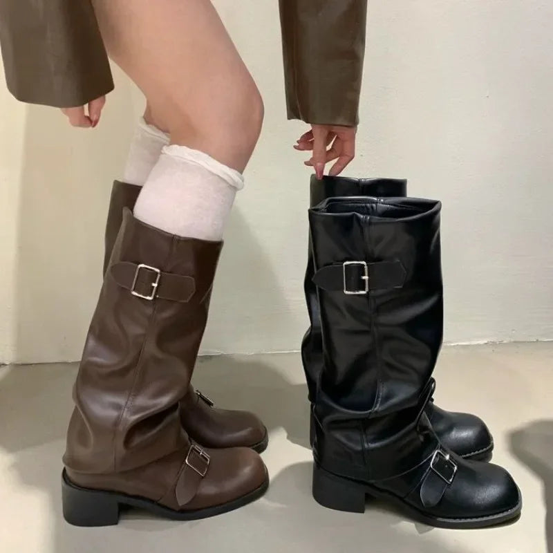 Women's Knee-High Boots Buckle Detail Block Heel Moto Biker Fall Winter - Lolly 