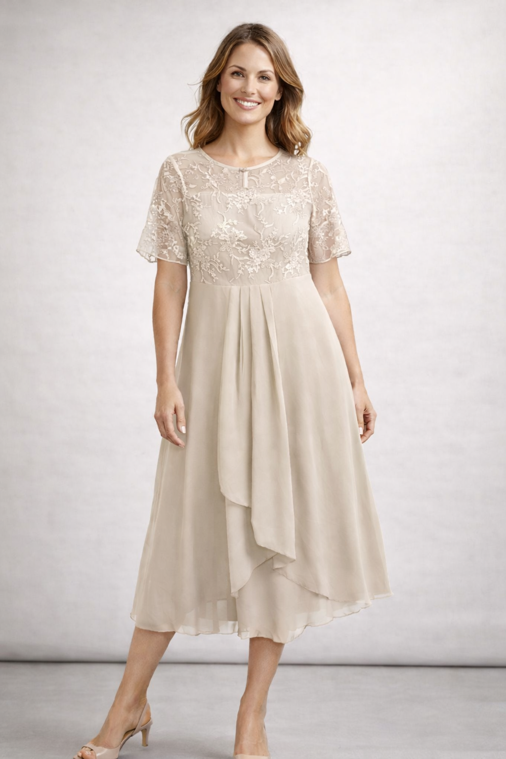 Women's Lace Chiffon Short Sleeve Midi Dress Wedding Guest Formal Elegant Flowy Plus Size - Lolly 