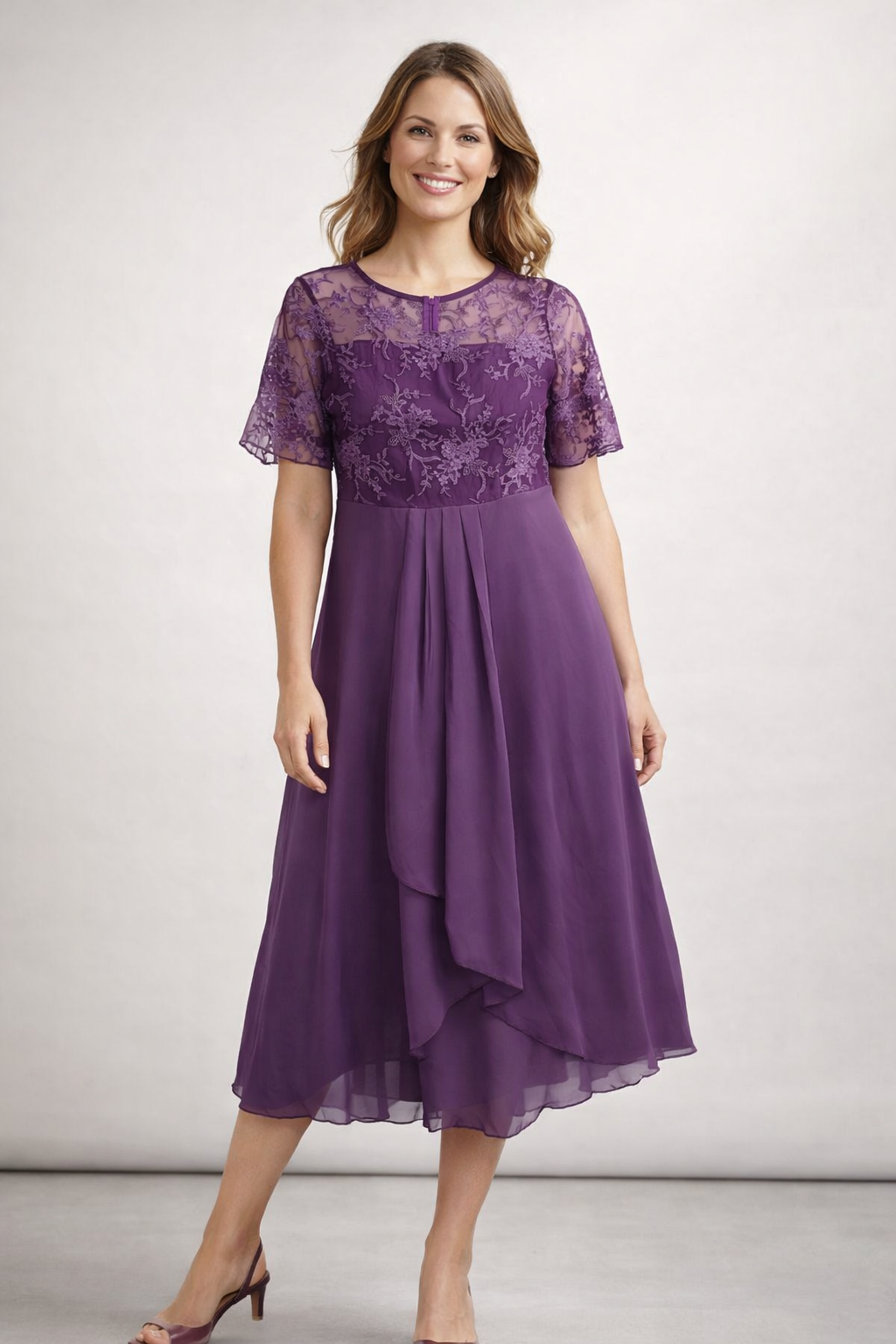 Women's Lace Chiffon Short Sleeve Midi Dress Wedding Guest Formal Elegant Flowy Plus Size - Lolly 