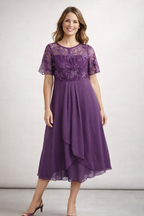 Women's Lace Chiffon Short Sleeve Midi Dress Wedding Guest Formal Elegant Flowy Plus Size - Lolly 
