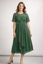 Women's Lace Chiffon Short Sleeve Midi Dress Wedding Guest Formal Elegant Flowy Plus Size - Lolly 