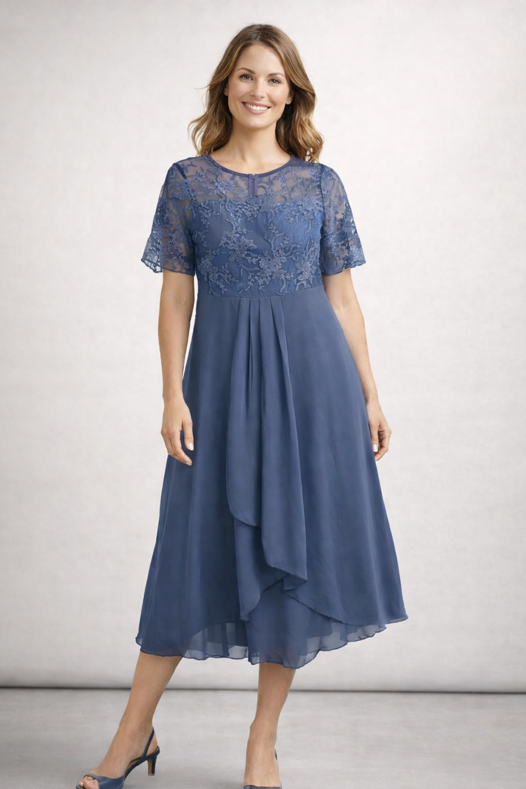 Women's Lace Chiffon Short Sleeve Midi Dress Wedding Guest Formal Elegant Flowy Plus Size - Lolly 