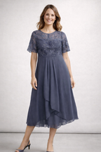 Women's Lace Chiffon Short Sleeve Midi Dress Wedding Guest Formal Elegant Flowy Plus Size - Lolly 