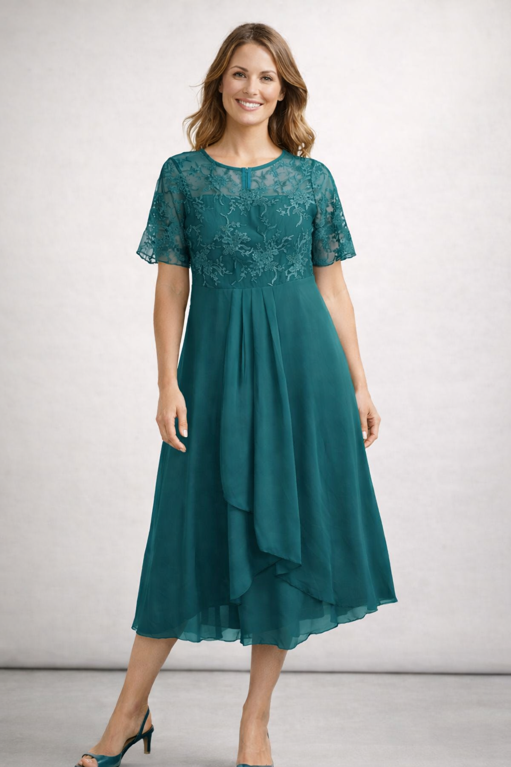 Women's Lace Chiffon Short Sleeve Midi Dress Wedding Guest Formal Elegant Flowy Plus Size - Lolly 