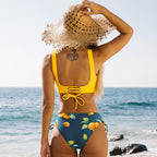Women's Lace Up Mid Waist Bikini Set Padded Cups Floral Stripe Boho Beach Summer Vacation – Multicolor - Lolly 