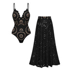 Women's Laser Cut Floral Hollow-Out One-Piece Swimsuit & Long Skirt Set V-Neck Beach Vacation Pool Party Resort Cruise – Black - Lolly 