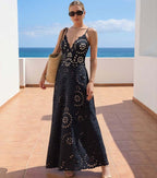 Women's Laser Cut Floral Hollow-Out One-Piece Swimsuit & Long Skirt Set V-Neck Beach Vacation Pool Party Resort Cruise – Black - Lolly 