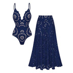Women's Laser Cut Flower Hollow One-Piece Swimsuit with Cover Up Skirt V-Neck Elegant Beach Summer Swimwear – Navy Blue - Lolly 