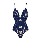 Women's Laser Cut Flower Hollow One-Piece Swimsuit with Cover Up Skirt V-Neck Elegant Beach Summer Swimwear – Navy Blue - Lolly 