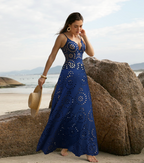 Women's Laser Cut Flower Hollow One-Piece Swimsuit with Cover Up Skirt V-Neck Elegant Beach Summer Swimwear – Navy Blue - Lolly 