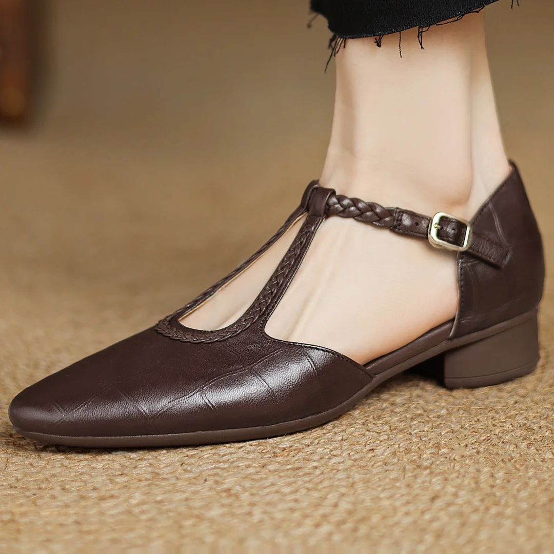 Women's Leather Mary Jane Flat Shoes T-Strap Round Toe Metal Buckle Casual Work Office Everyday Comfortable Walking Smart Casual – Sarah & Kate - Lolly 
