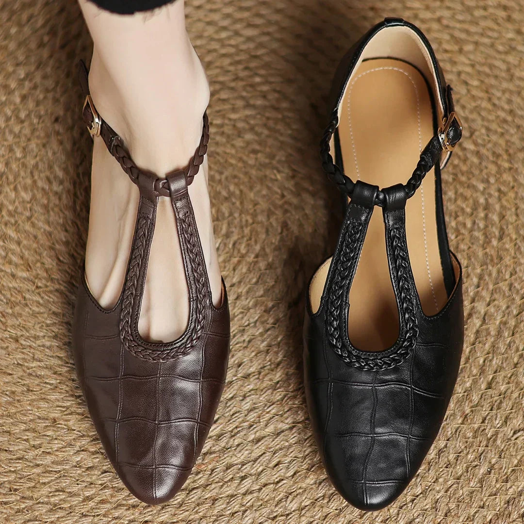 Women's Leather Mary Jane Flat Shoes T-Strap Round Toe Metal Buckle Casual Work Office Everyday Comfortable Walking Smart Casual – Sarah & Kate - Lolly 