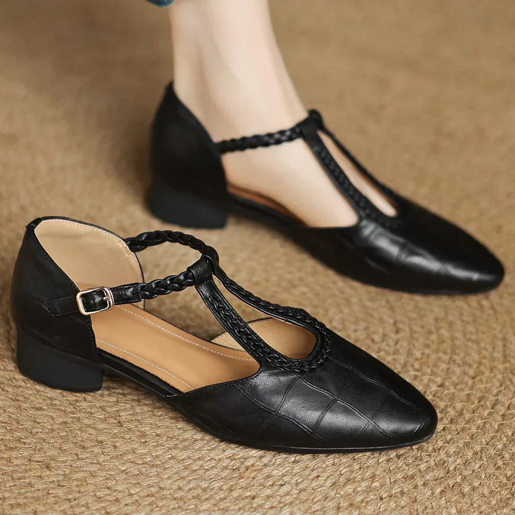 Women's Leather Mary Jane Flat Shoes T-Strap Round Toe Metal Buckle Casual Work Office Everyday Comfortable Walking Smart Casual – Sarah & Kate - Lolly 