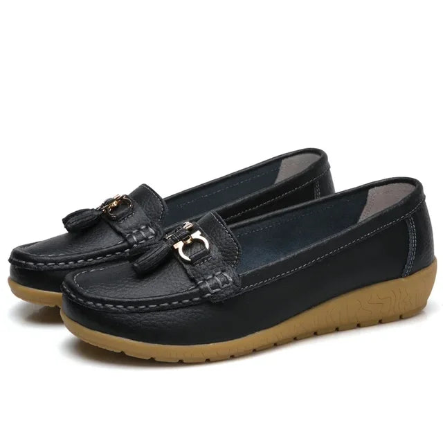 Women's Leather Moccasin Loafers Slip-On Flat Arch Support Casual Everyday Shoes - Lolly 