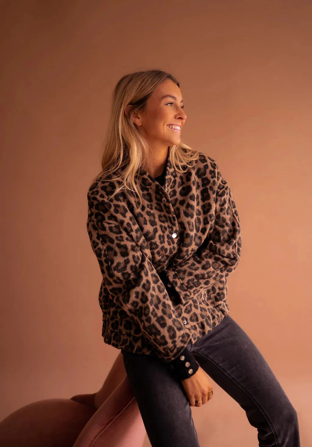 Women's Leopard Print Bomber Jacket Snap-Button Casual Outerwear - Lolly 