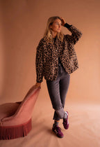 Women's Leopard Print Bomber Jacket Snap-Button Casual Outerwear - Lolly 